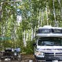 Emplacement au milieu des bouleaux au camping Saint-Félicien, à côté du zoo